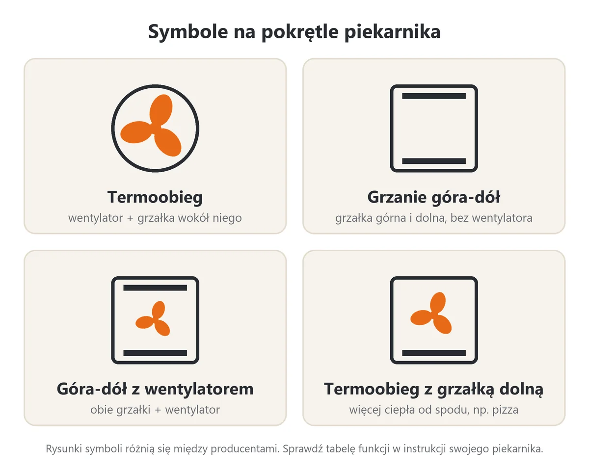 Symbole na piekarniku: termoobieg, grzanie góra-dół, góra-dół z wentylatorem i termoobieg z grzałką dolną